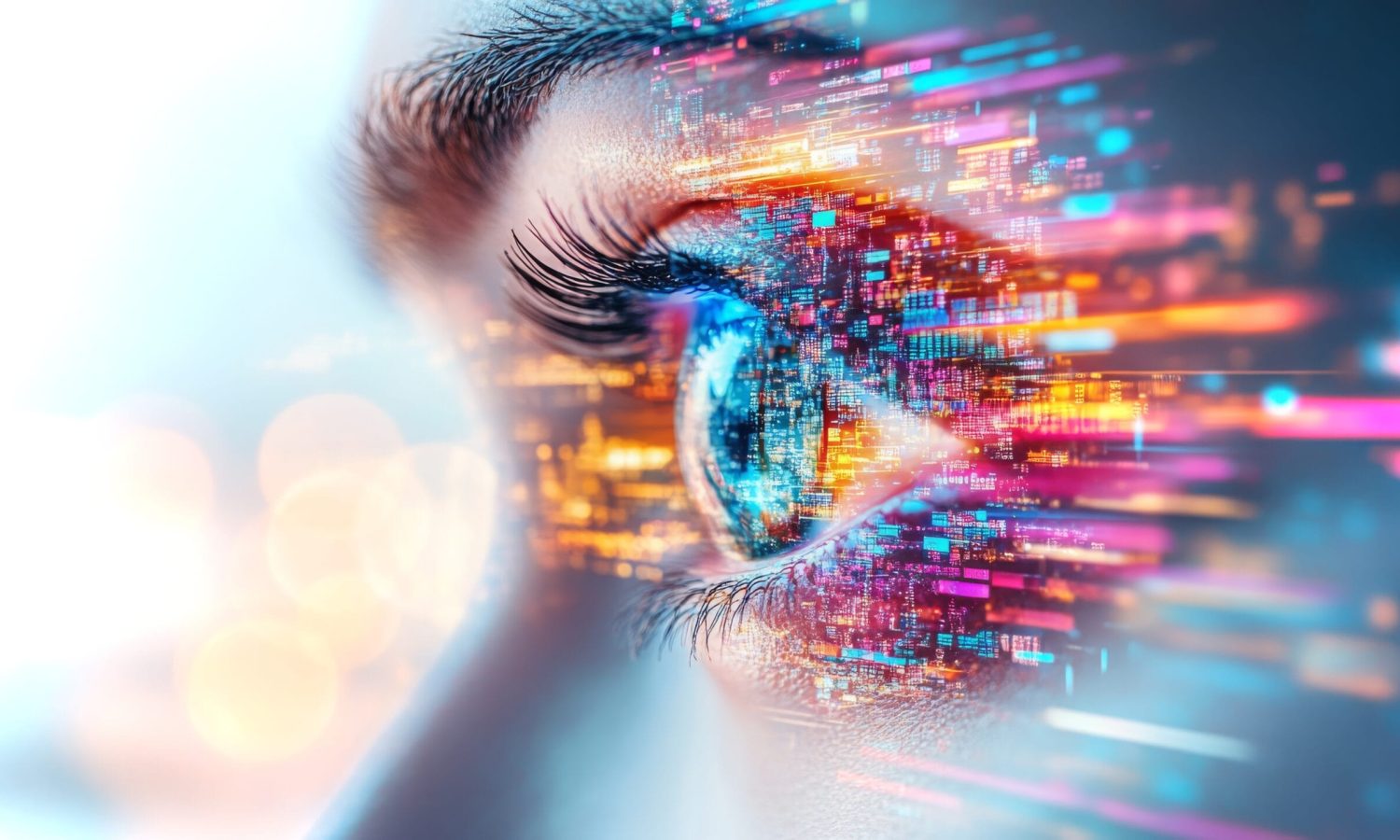 A close-up of an eye merges with vibrant digital data streams, illustrating the intersection of technology and human perception in stunning detail.