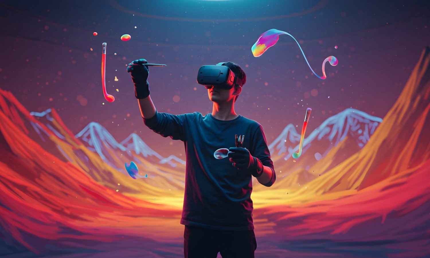 A digital artist immerses himself in a virtual reality painting session, using a VR headset and hand controllers to create vibrant, surreal artwork against the backdrop of a dreamlike mountain landscape. This scene represents the fusion of technology and creativity, showcasing a new frontier of immersive art experiences.