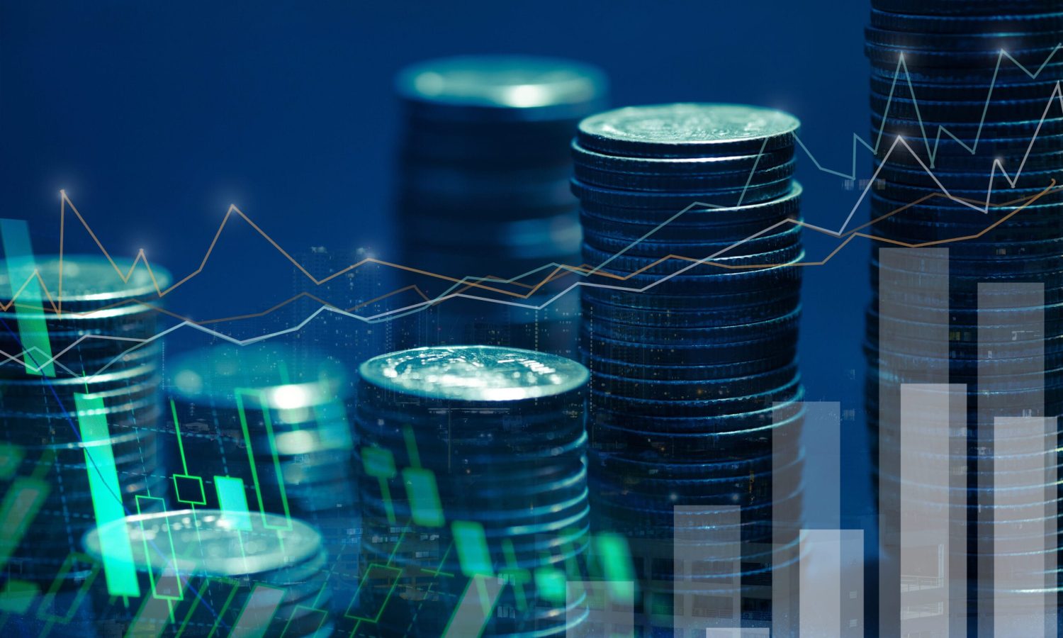 Financial investment concept, Double exposure of city night and