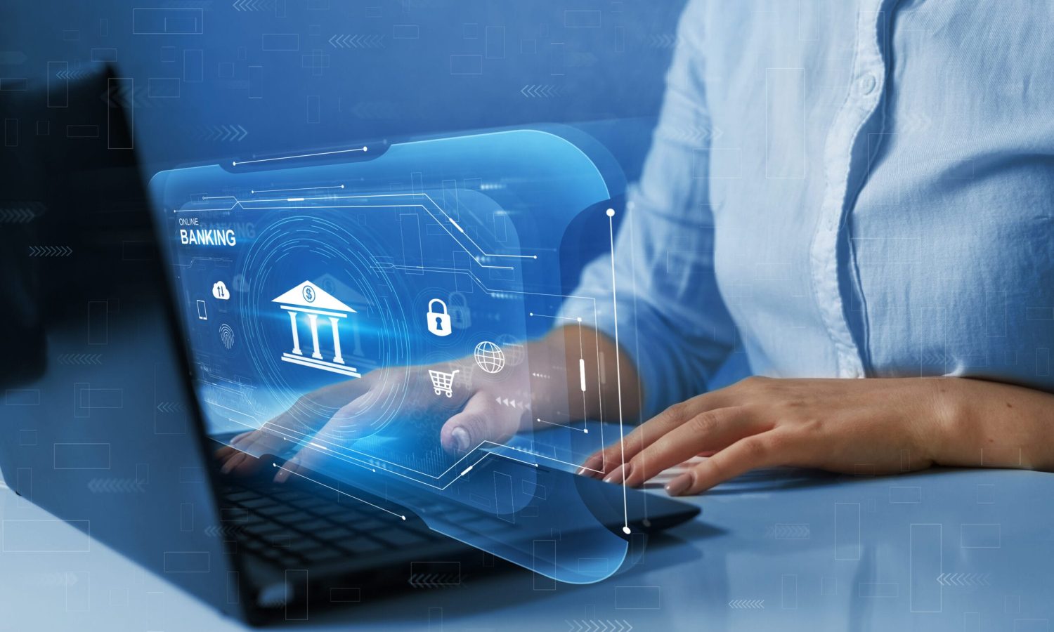 Businesswoman using online banking on virtual screen. Digital in