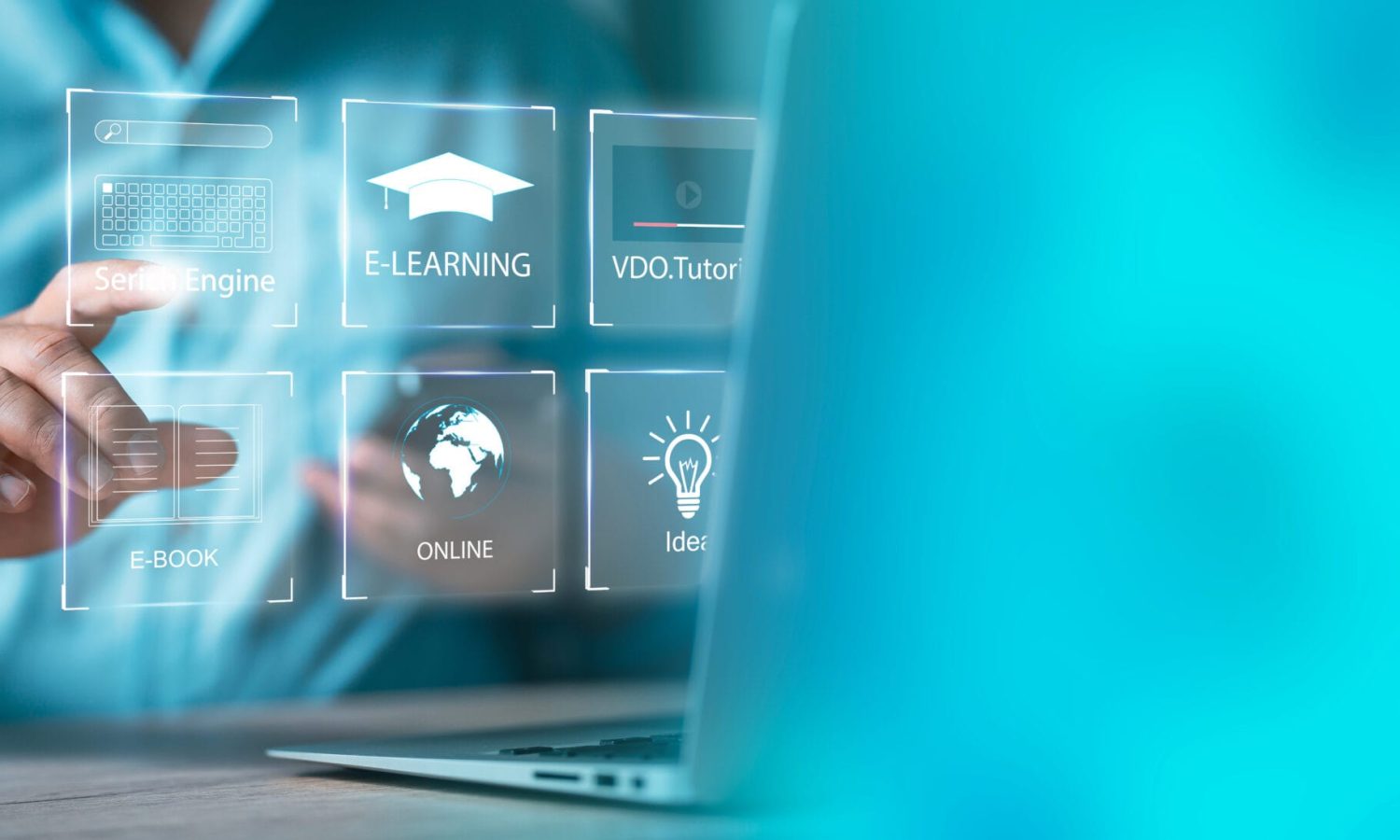 Concept of Online education. E learning technology concept. Online education, webinar, online courses. machine learning enhance personalised learning. Digital training to employee, compliance.
