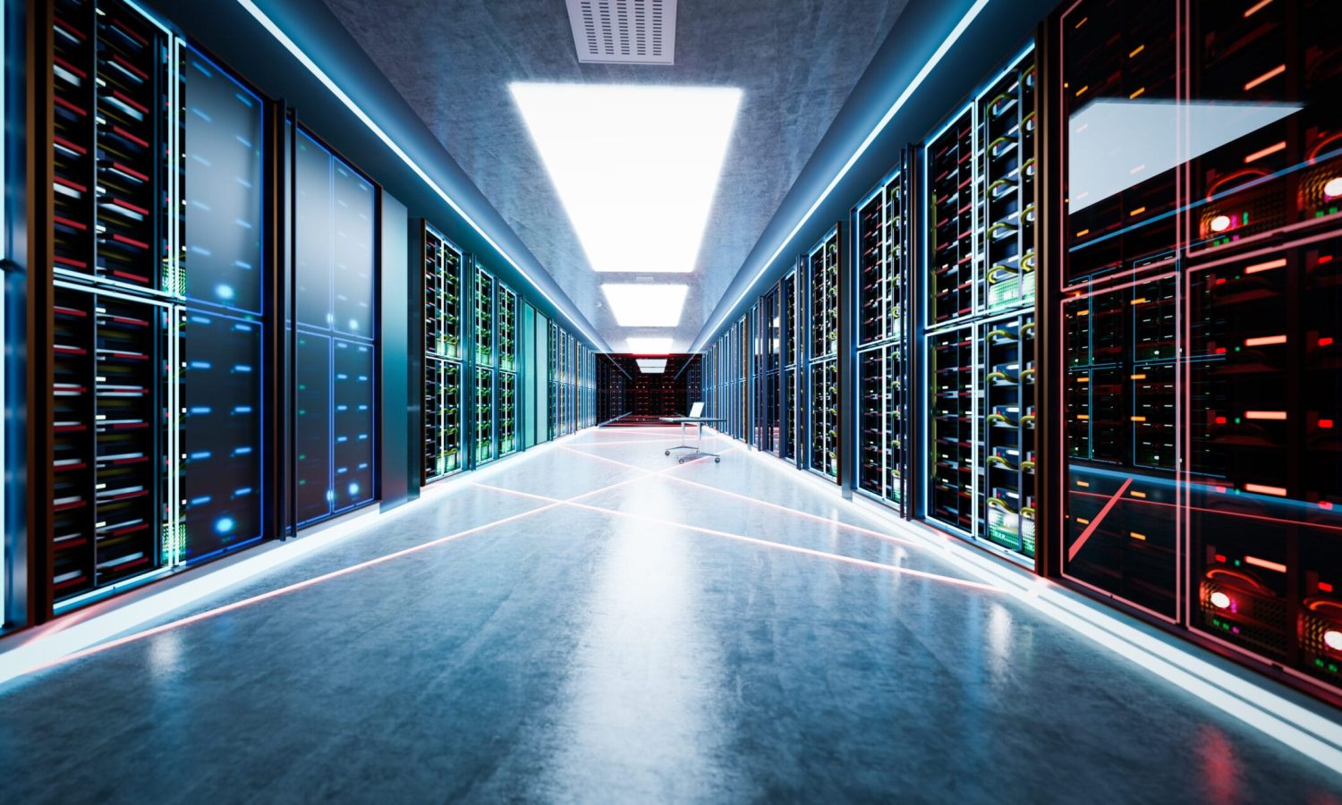 Computer network server room or data center. 3D illustration