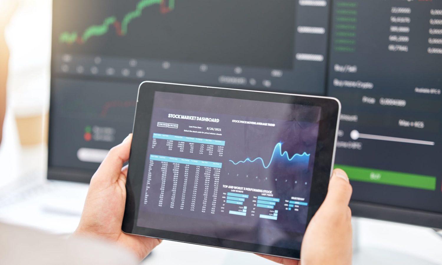 Tablet in hands, graphs and stock market with fintech and trading, investment and financial stats o